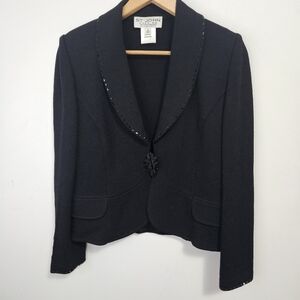 ST. JOHN Evening Santana Knit Blazer Jacket Sz 8 Black Embellished Brouch